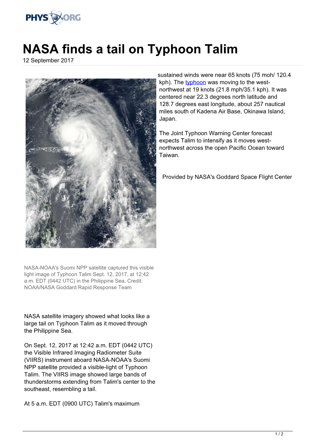 NASA Finds a Tail on Typhoon Talim 12 September 2017