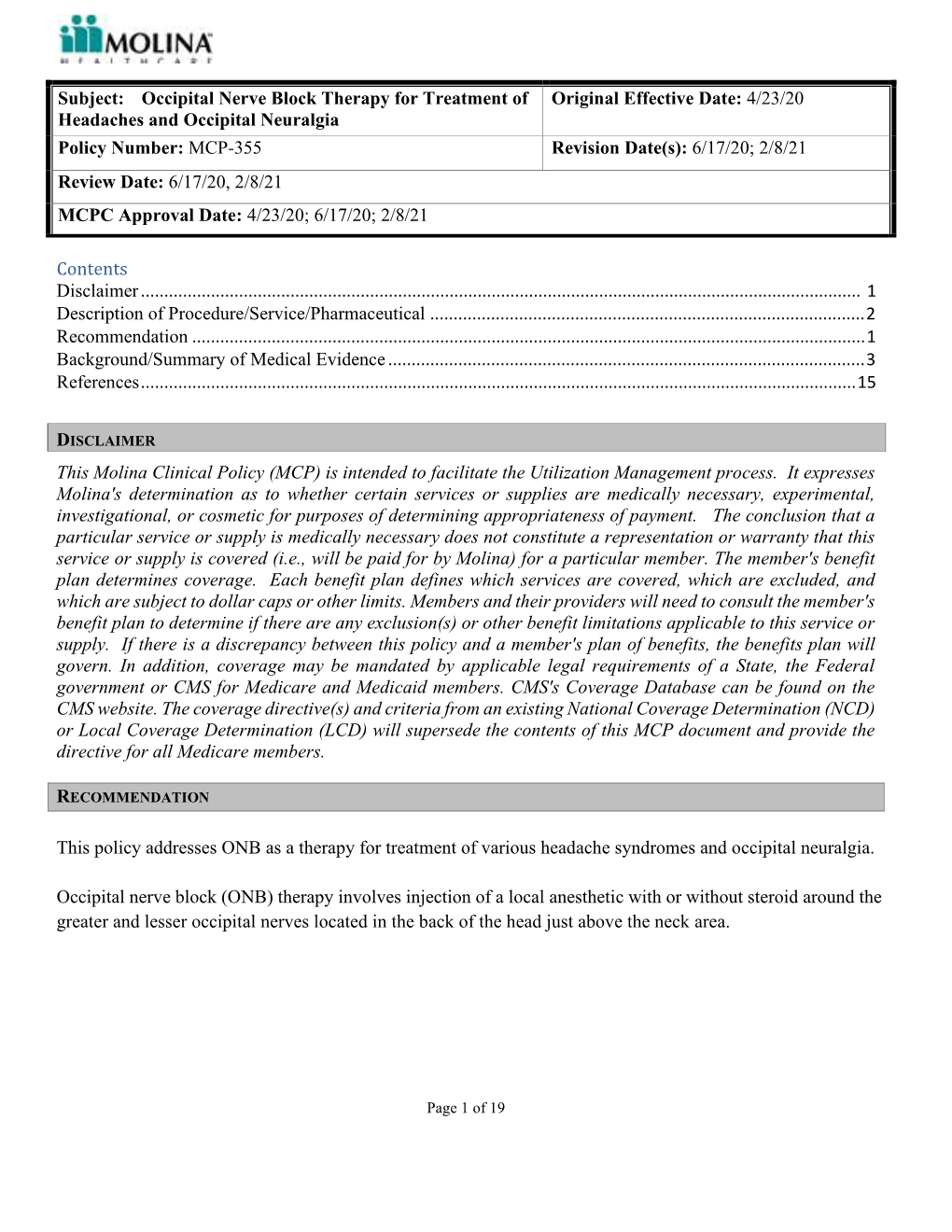 Occipital Nerve Block Therapy for Treatment of Headache And