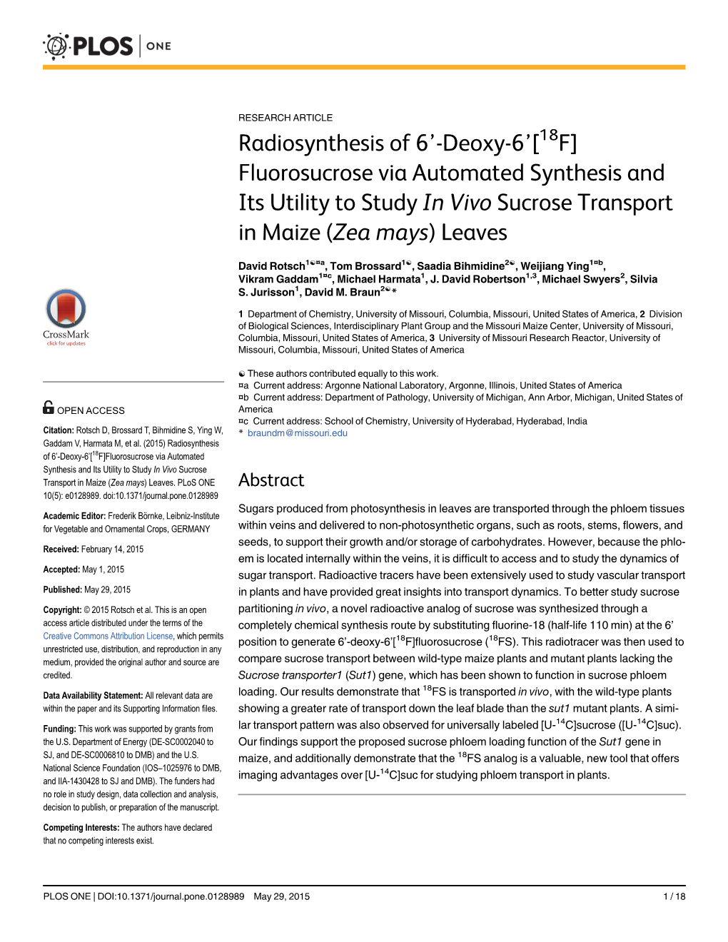 Radiosynthesis of 6'-Deoxy-6'[18F]Fluorosucrose Via Automated Synthesis and Its Utility to Study in Vivo Sucrose Transport I