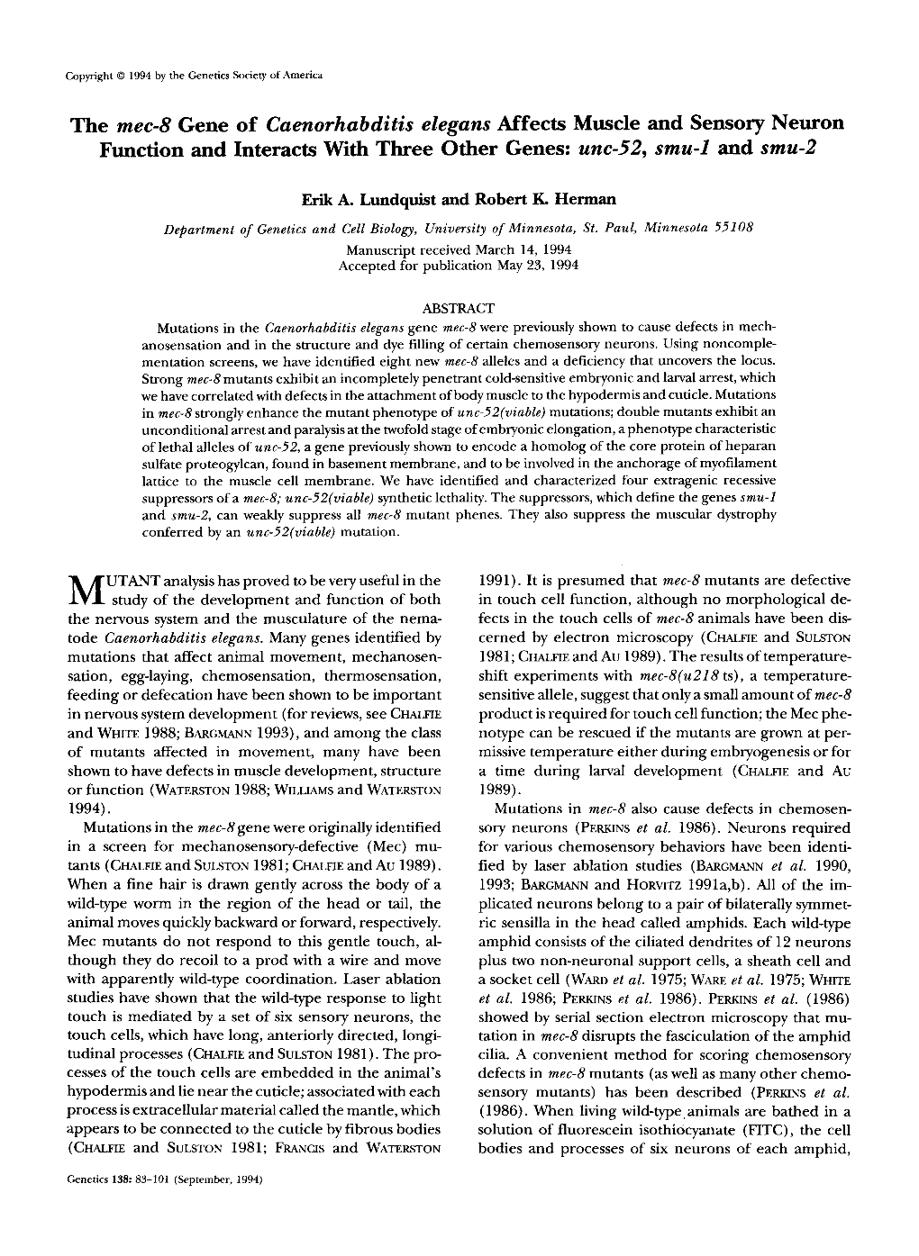 The Mec-8 Gene of Caenorhabditis Elegans Affects Muscle and Sensory Neuron Function and Interacts with Three Other Genes: Unc-52, Smu-1 and Smu-2