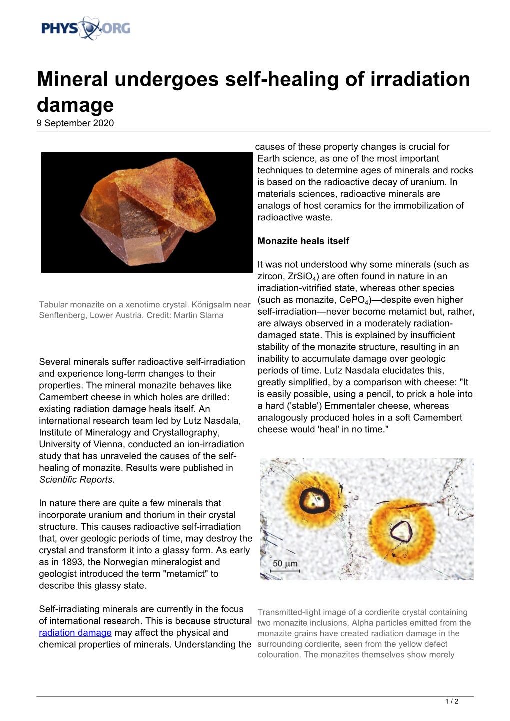 Mineral Undergoes Self-Healing of Irradiation Damage 9 September 2020