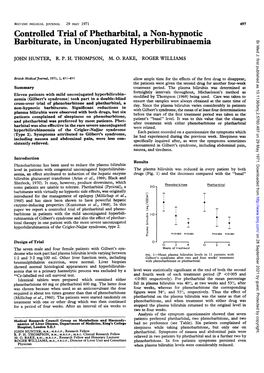 Barbiturate, in Unconjugated Hyperbilirubinaemia Br Med J: First Published As 10.1136/Bmj.2.5760.497 on 29 May 1971