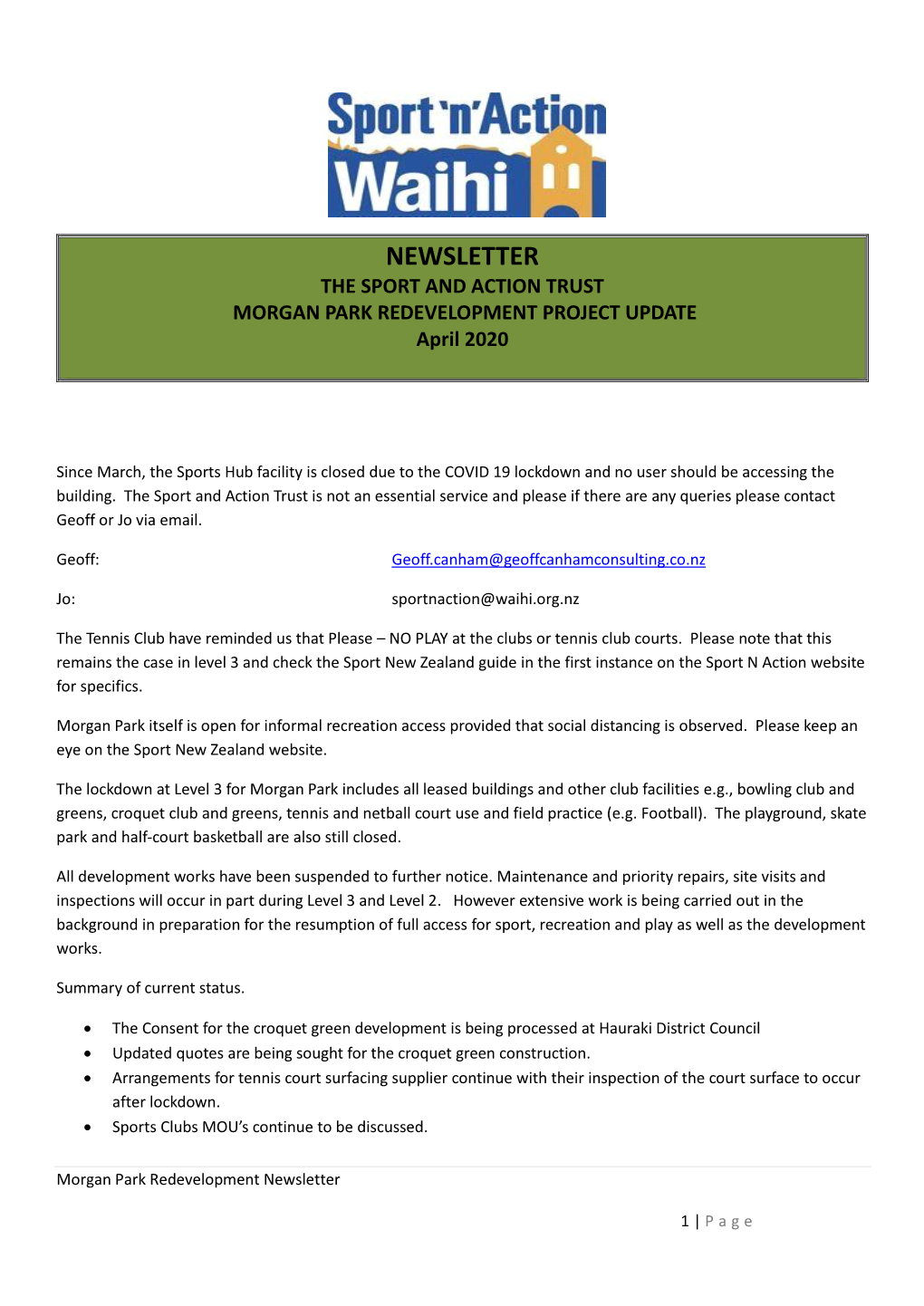NEWSLETTER the SPORT and ACTION TRUST MORGAN PARK REDEVELOPMENT PROJECT UPDATE April 2020