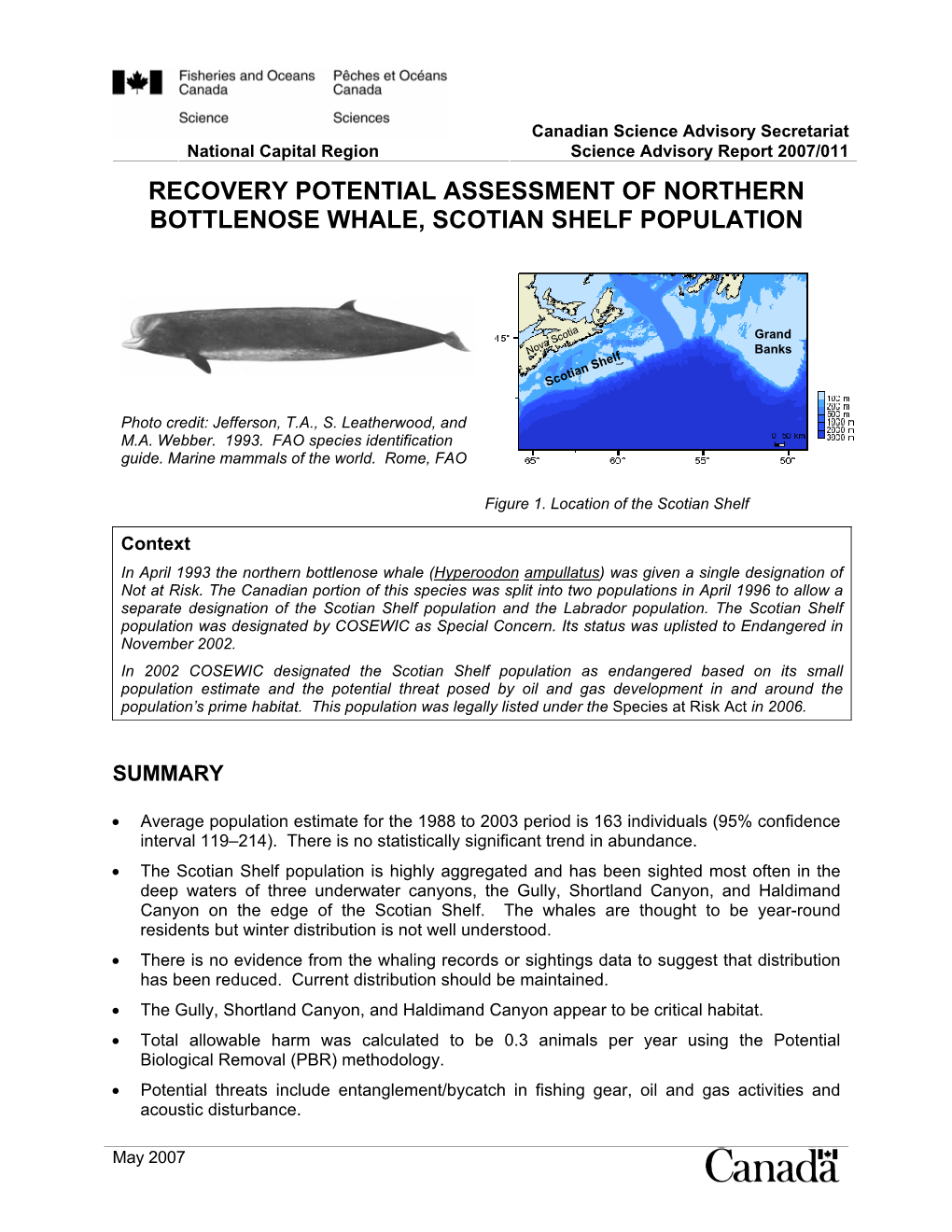 Recovery Potential Assessment of Northern Bottlenose Whale, Scotian Shelf Population