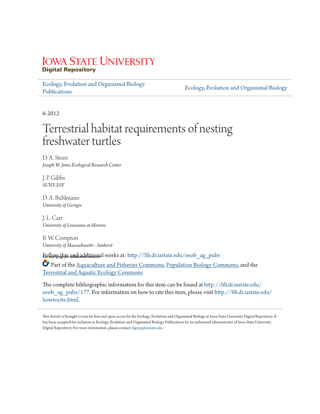 Terrestrial Habitat Requirements of Nesting Freshwater Turtles