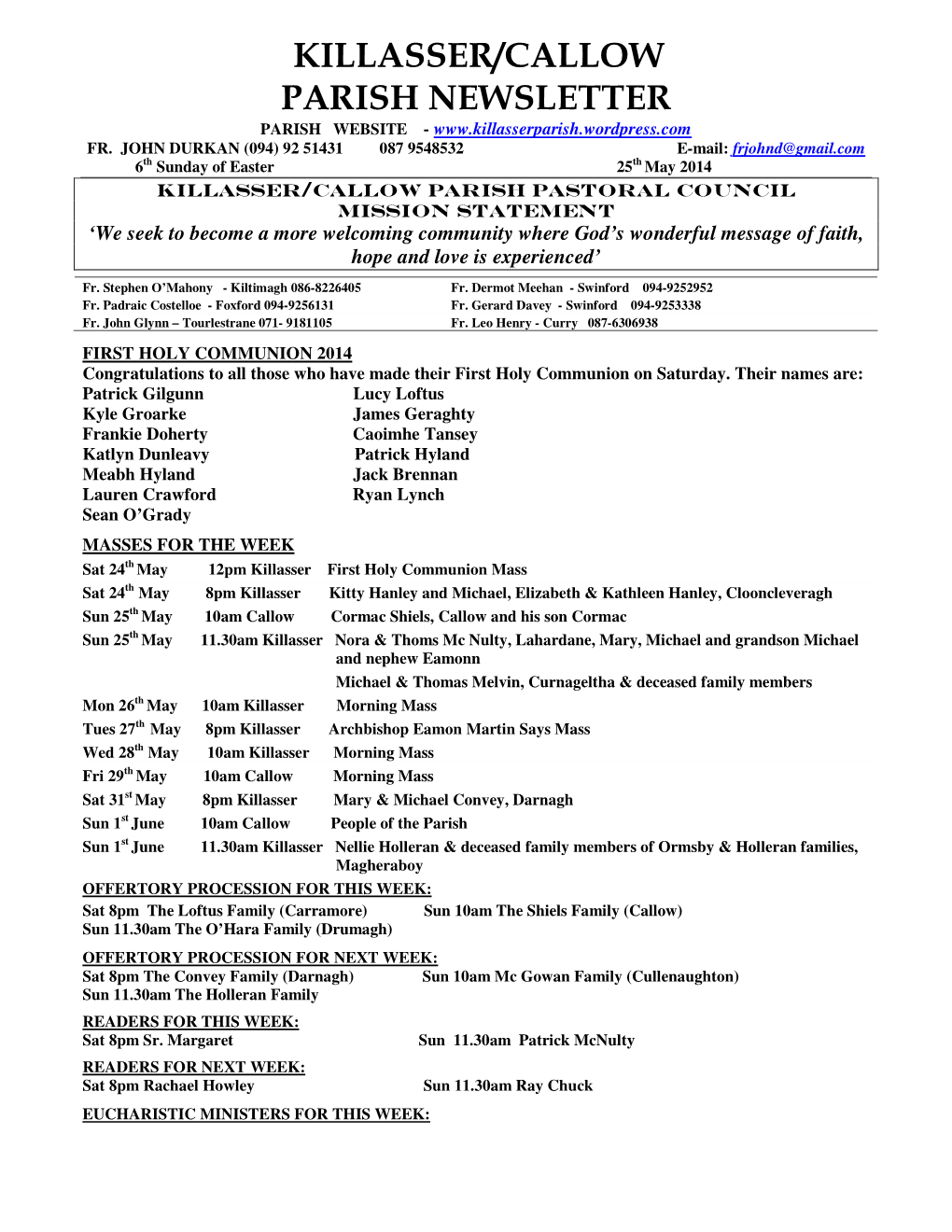 Killasser/Callow Parish Newsletter Parish Website - Fr