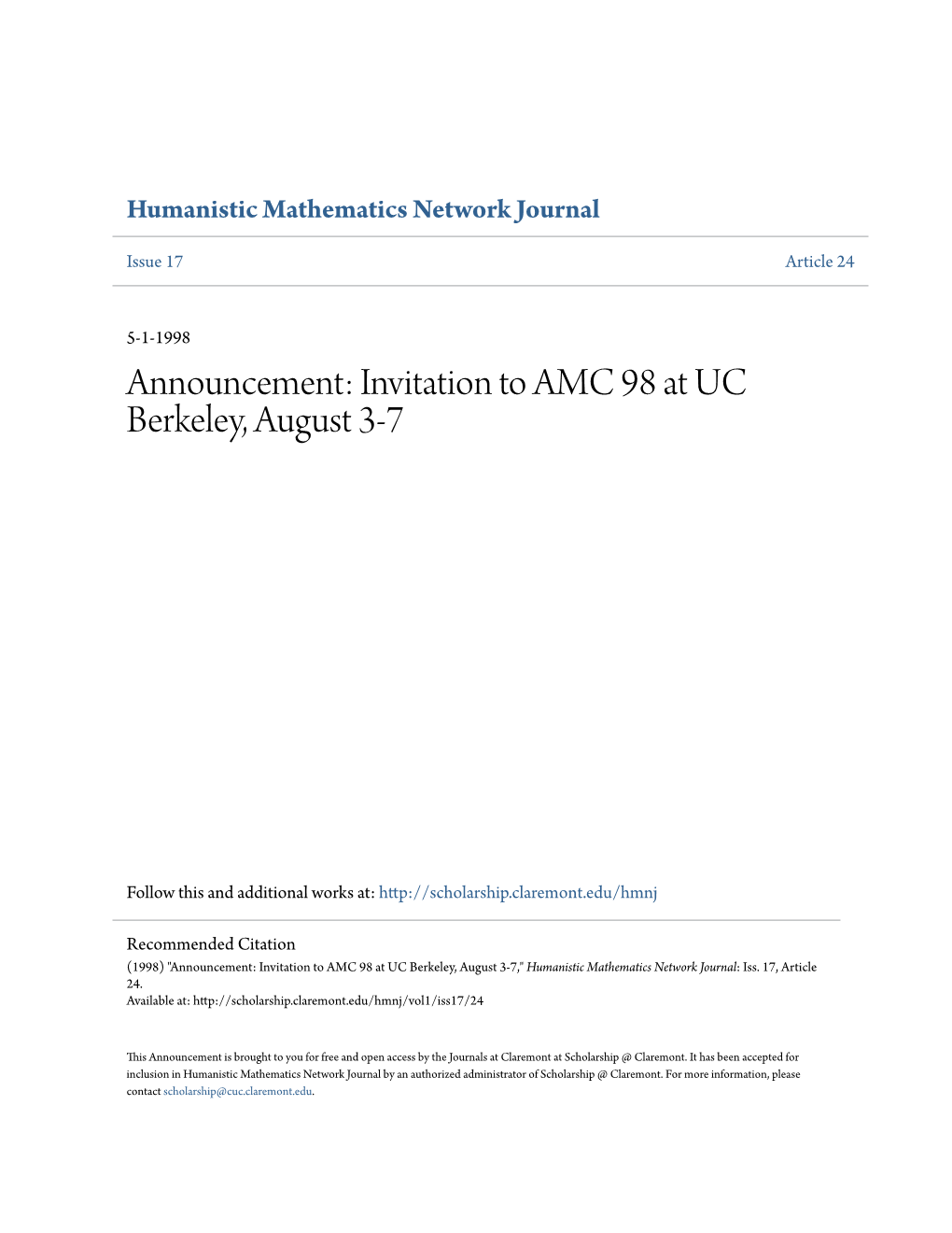 Announcement: Invitation to AMC 98 at UC Berkeley, August 3-7