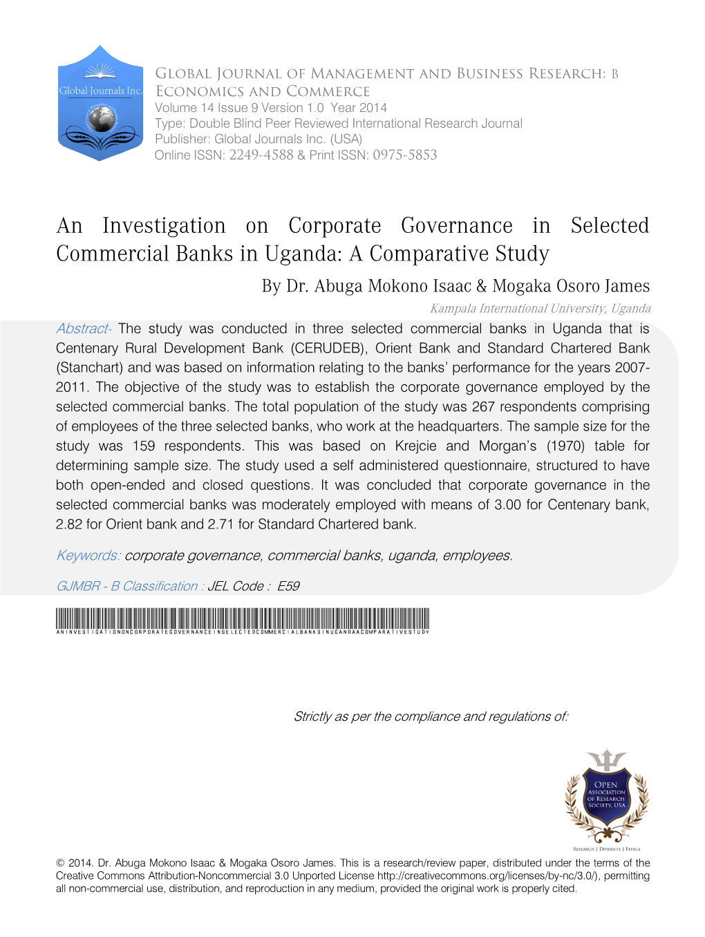 An Investigation on Corporate Governance in Selected Commercial Banks in Uganda: a Comparative Study by Dr