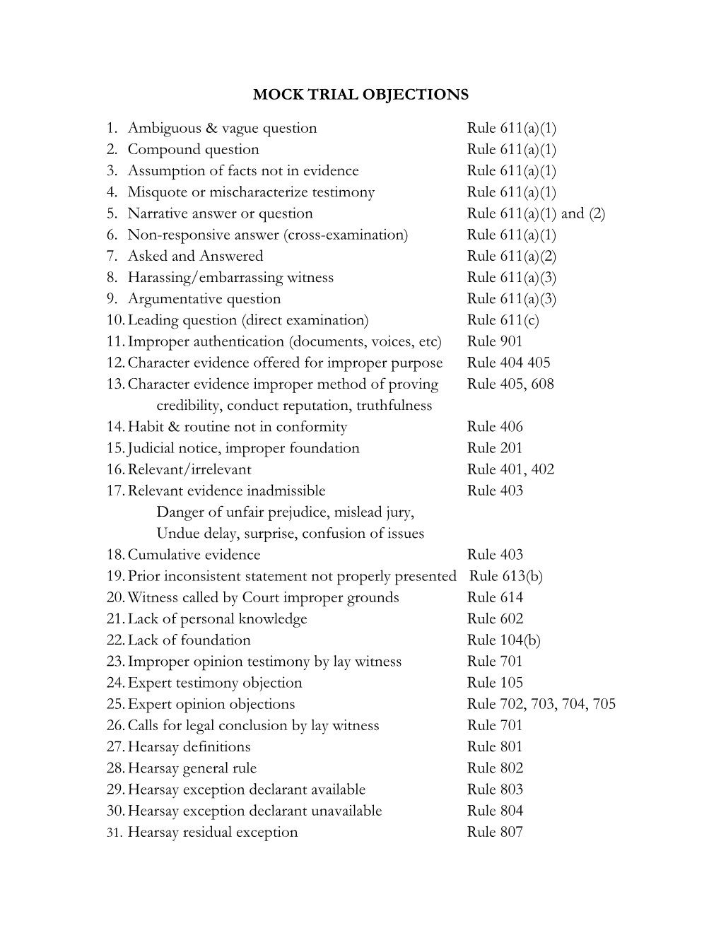 MOCK TRIAL OBJECTIONS 1. Ambiguous & Vague Question Rule