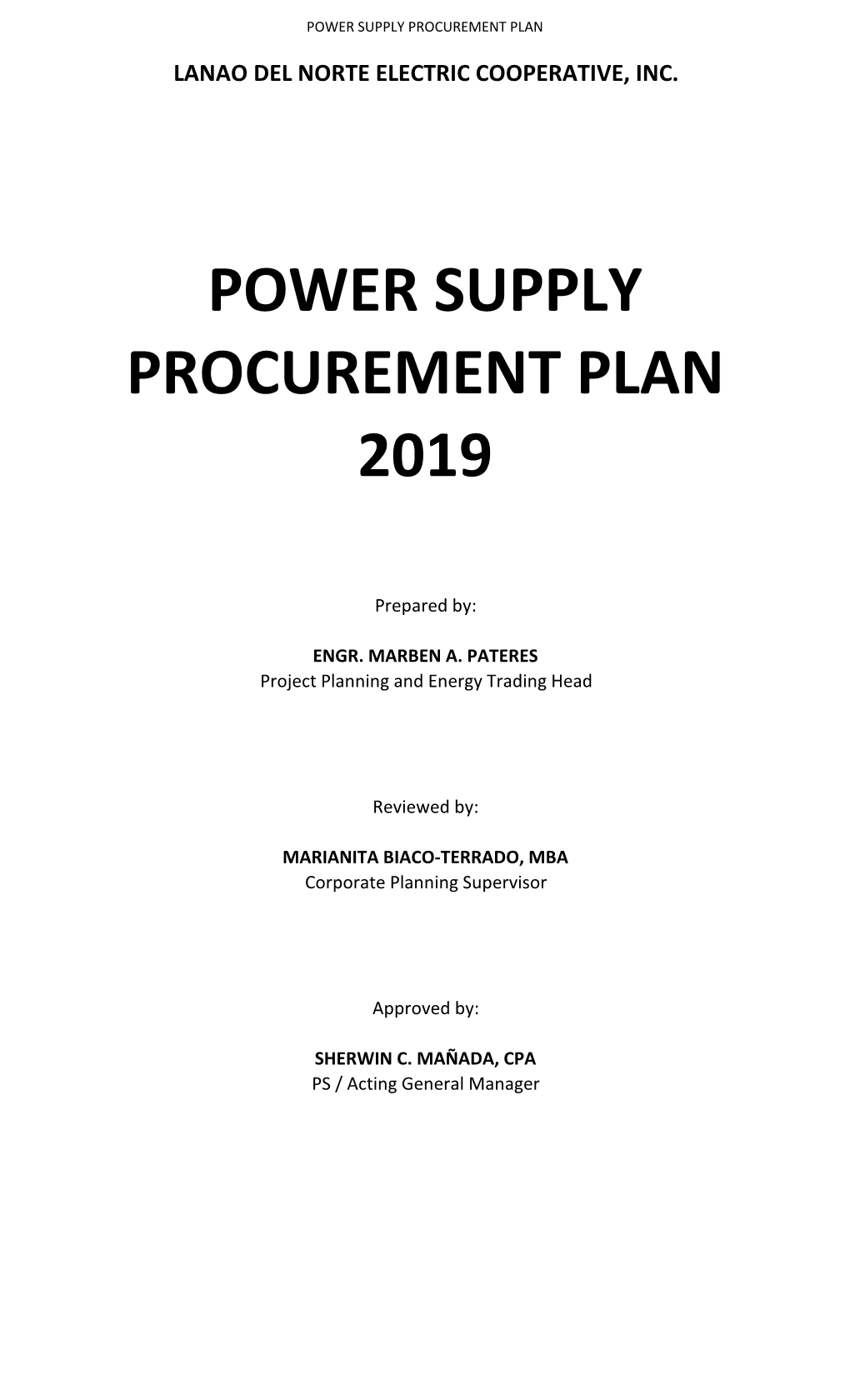 Power Supply Procurement Plan 2019