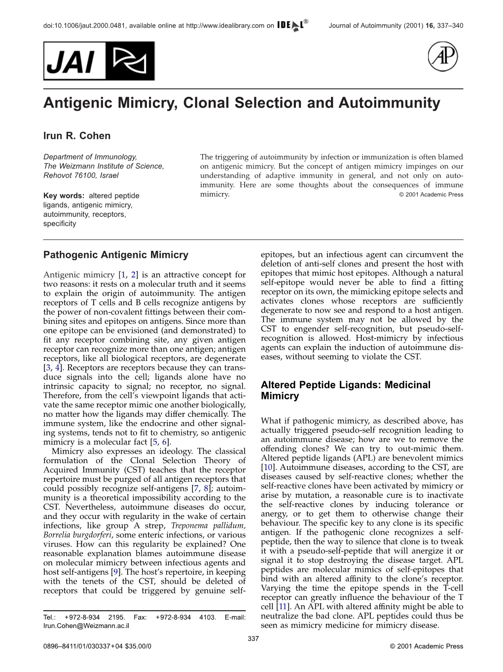 Antigenic Mimicry, Clonal Selection and Autoimmunity