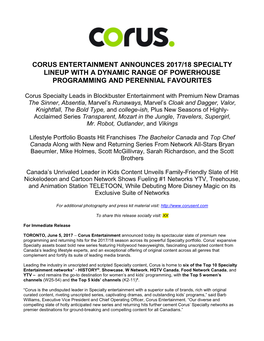 Corus Entertainment Announces 2017/18 Specialty Lineup with a Dynamic Range of Powerhouse Programming and Perennial Favourites