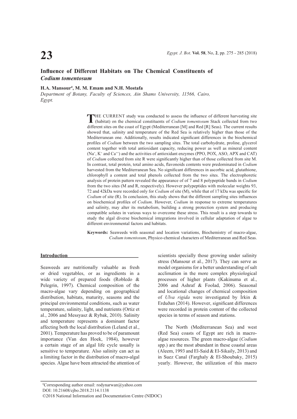 Influence of Different Habitats on the Chemical Constituents of Codium Tomentosum H.A