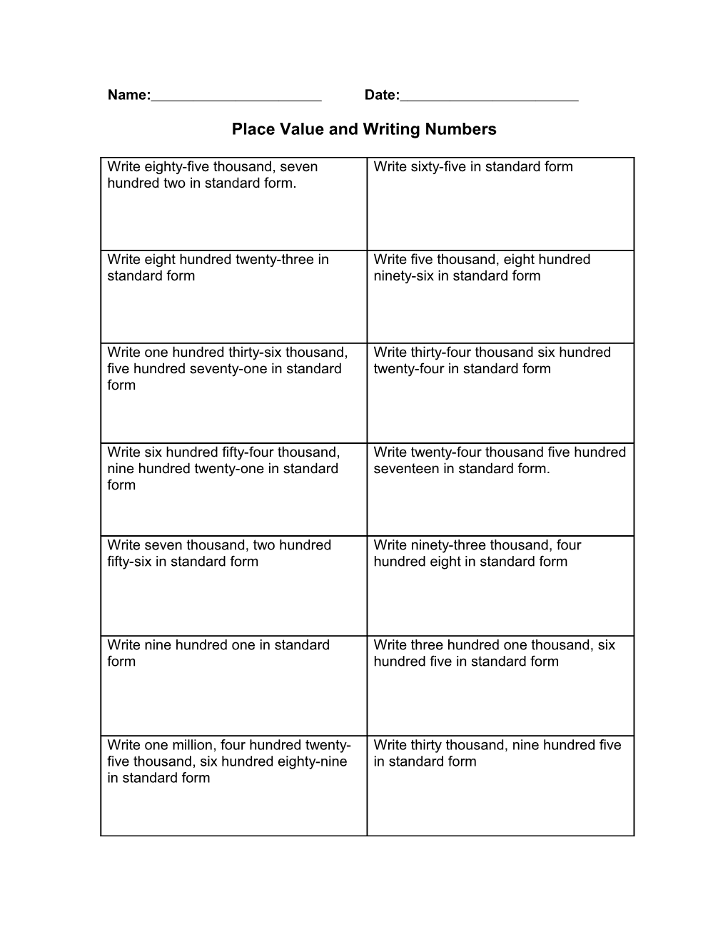 Place Value and Writing Numbers