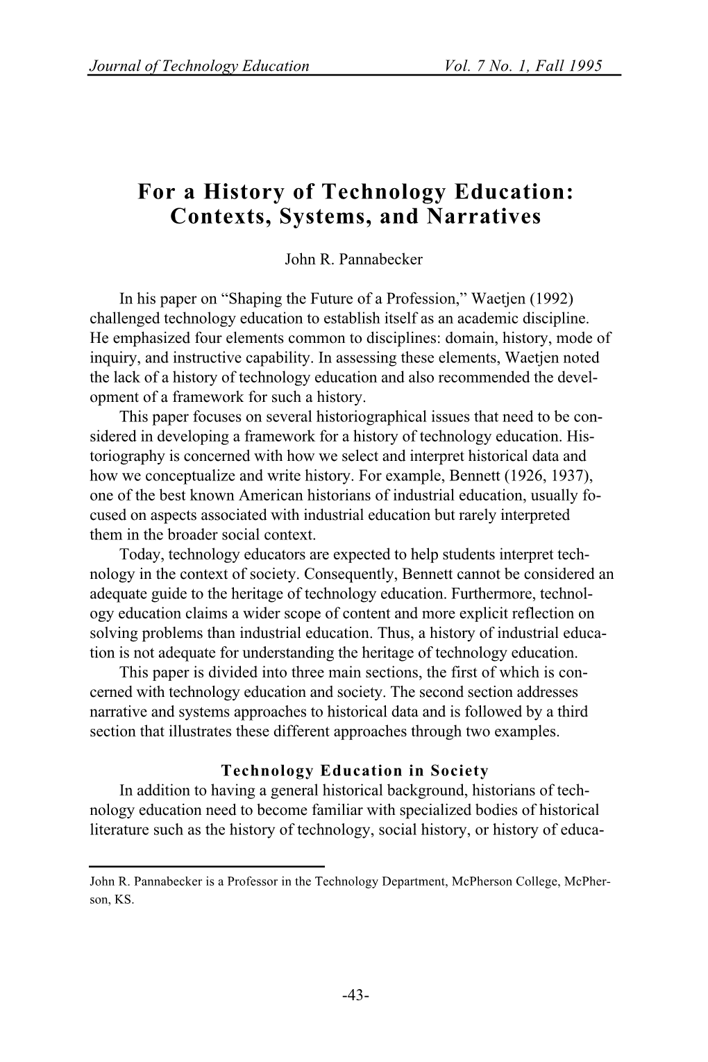 For a History of Technology Education: Contexts, Systems, and Narratives