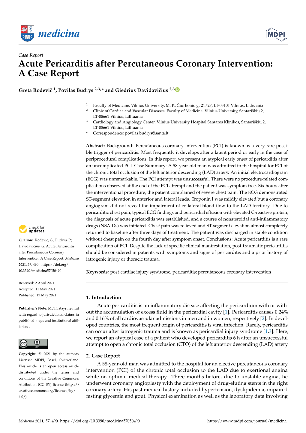 Acute Pericarditis After Percutaneous Coronary Intervention: a Case Report