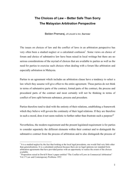 The Choices of Law – Better Safe Than Sorry the Malaysian Arbitration Perspective