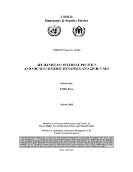 Afghanistan: Internal Politics and Socio-Economic Dynamics and Groupings