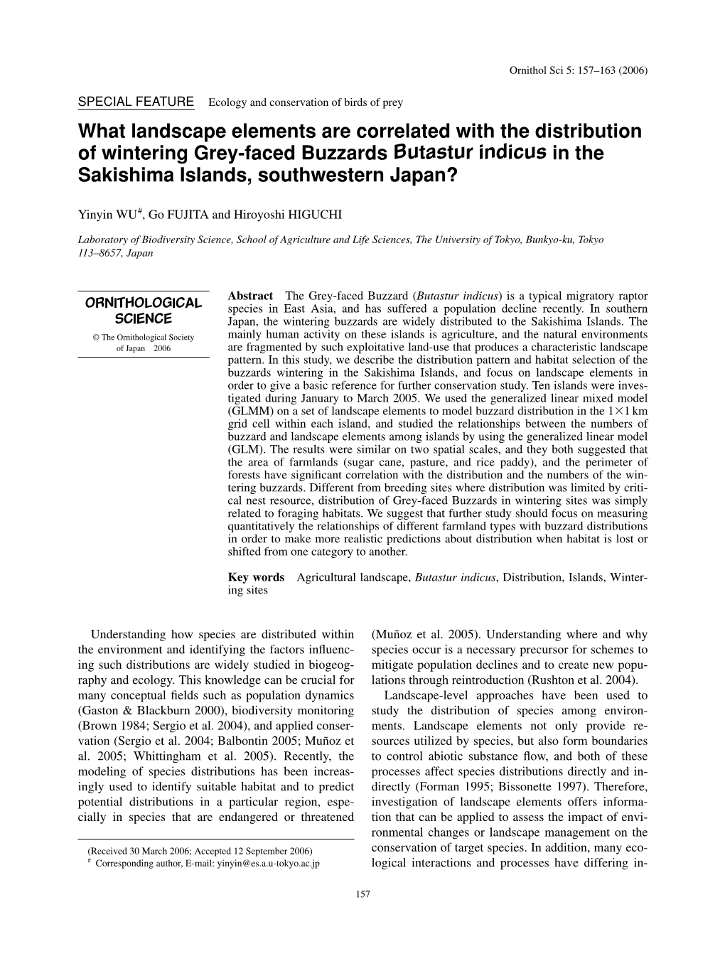 Ornithol Sci 5: 157–163 (2006)