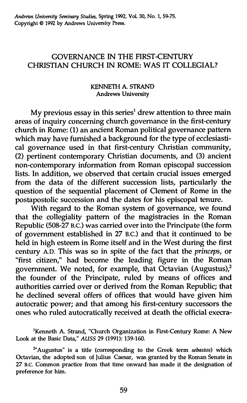 Governance in the First-Century Christian Church in Rome: Was It Collegial?