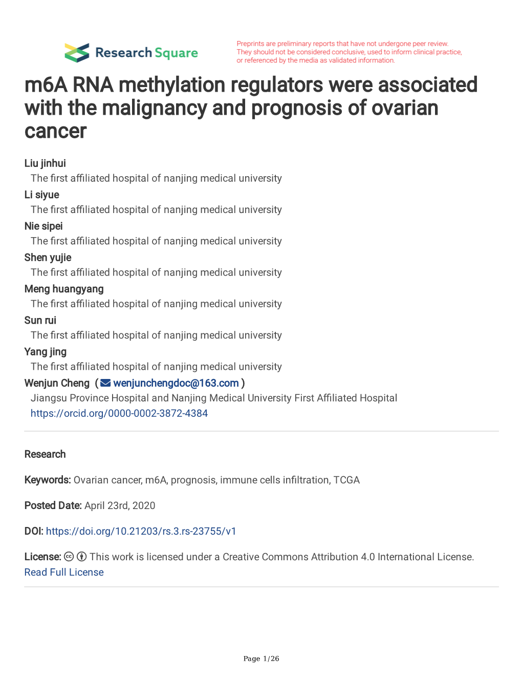 M6a RNA Methylation Regulators Were Associated with the Malignancy and Prognosis of Ovarian Cancer