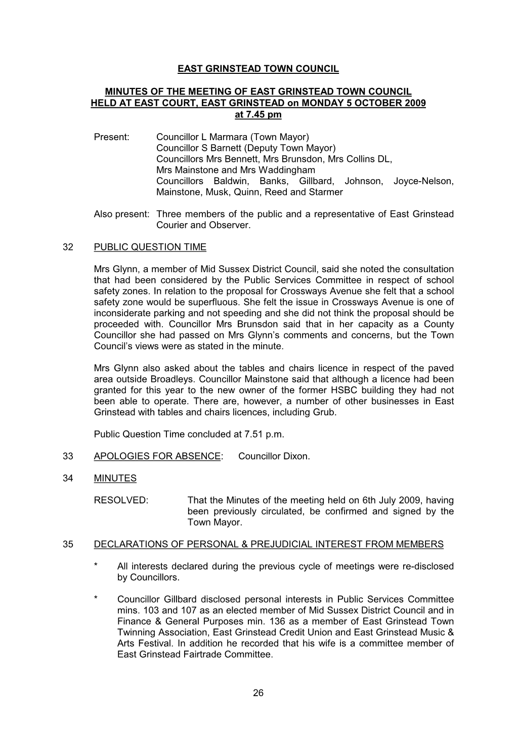 26 East Grinstead Town Council Minutes of The