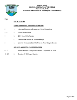 COUNCIL INFORMATION PACKAGE #2 (November 9, 2016) in Advance of November 15, 2016 Regular Council Meeting