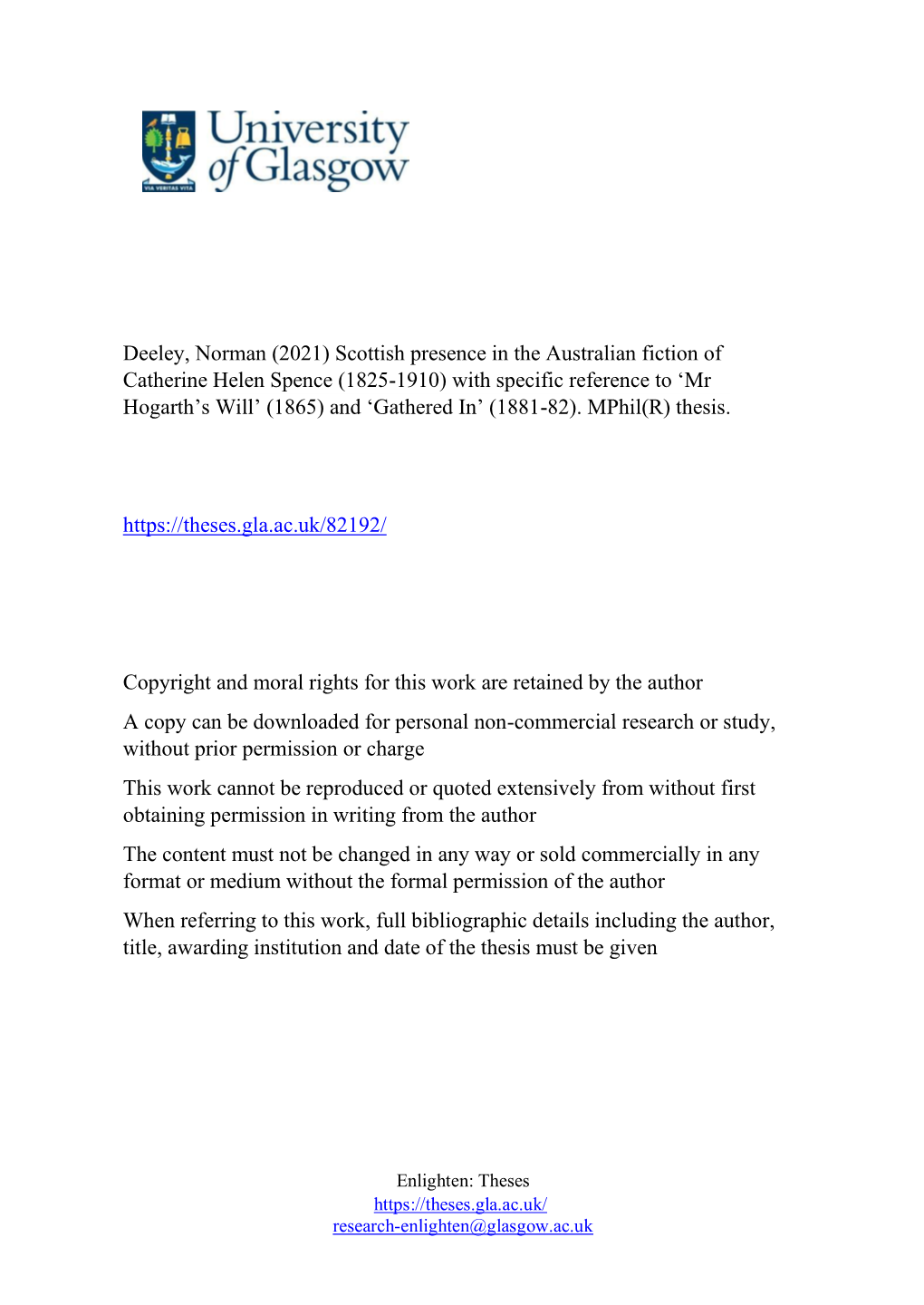 Deeley, Norman (2021) Scottish Presence in the Australian Fiction of Catherine Helen Spence (1825-1910) with Specific Reference