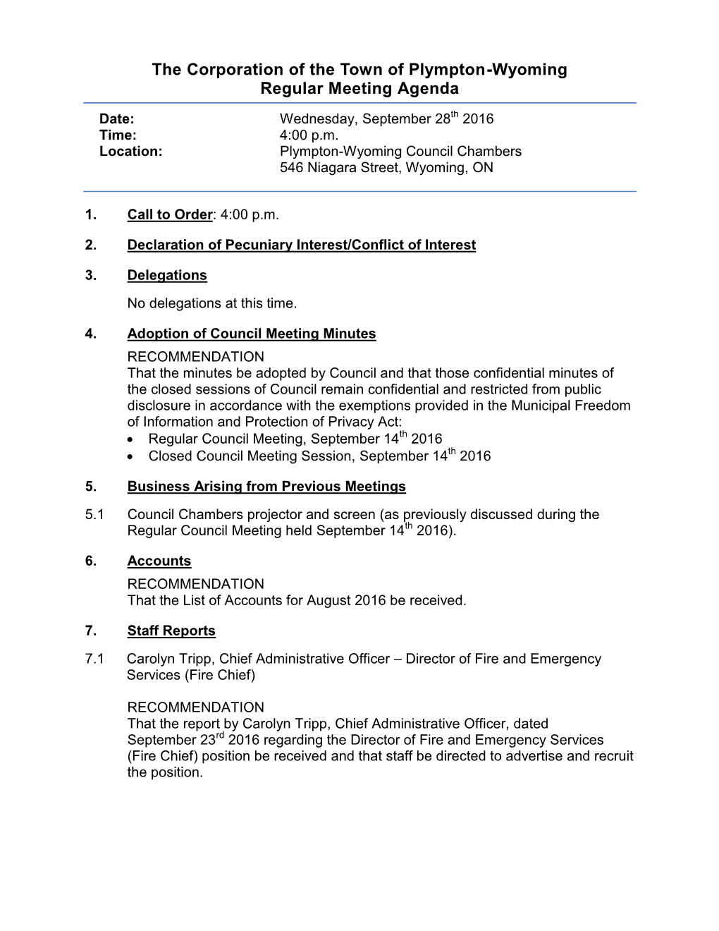 The Corporation of the Town of Plympton-Wyoming Regular Meeting Agenda