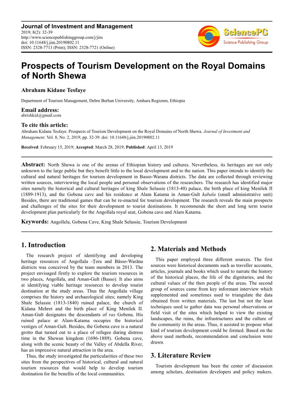 Prospects of Tourism Development on the Royal Domains of North Shewa