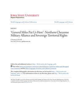 Northern Cheyenne Military Alliance and Sovereign Territorial Rights Christina Gish Hill Iowa State University, Cghill@Iastate.Edu