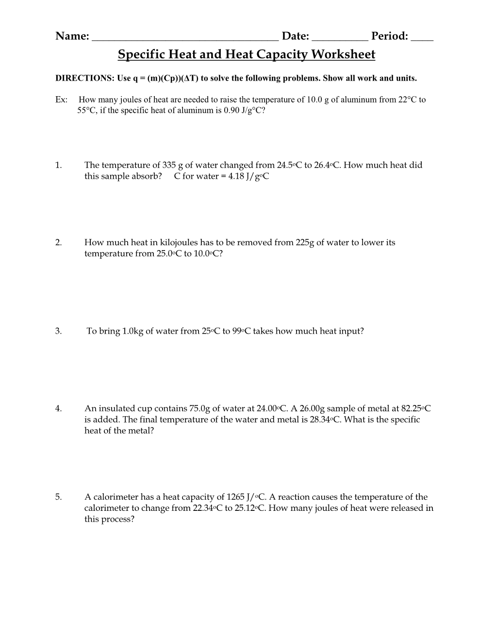 Specific Heat and Heat Capacity Worksheet DocsLib