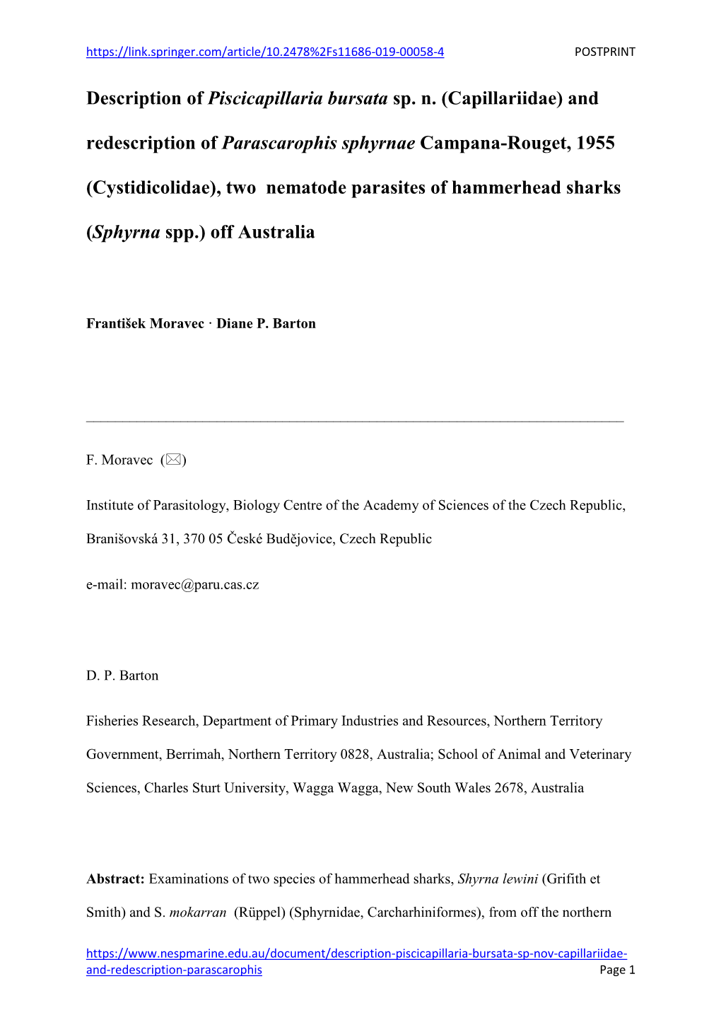 Moravec Bartonviaheupel Description of Piscicapillaria And