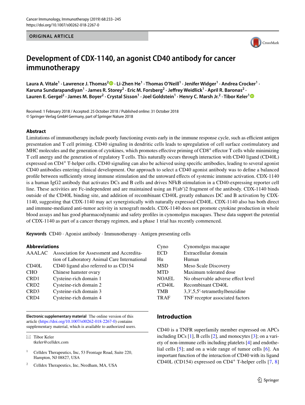 Development of CDX-1140, an Agonist CD40 Antibody for Cancer Immunotherapy