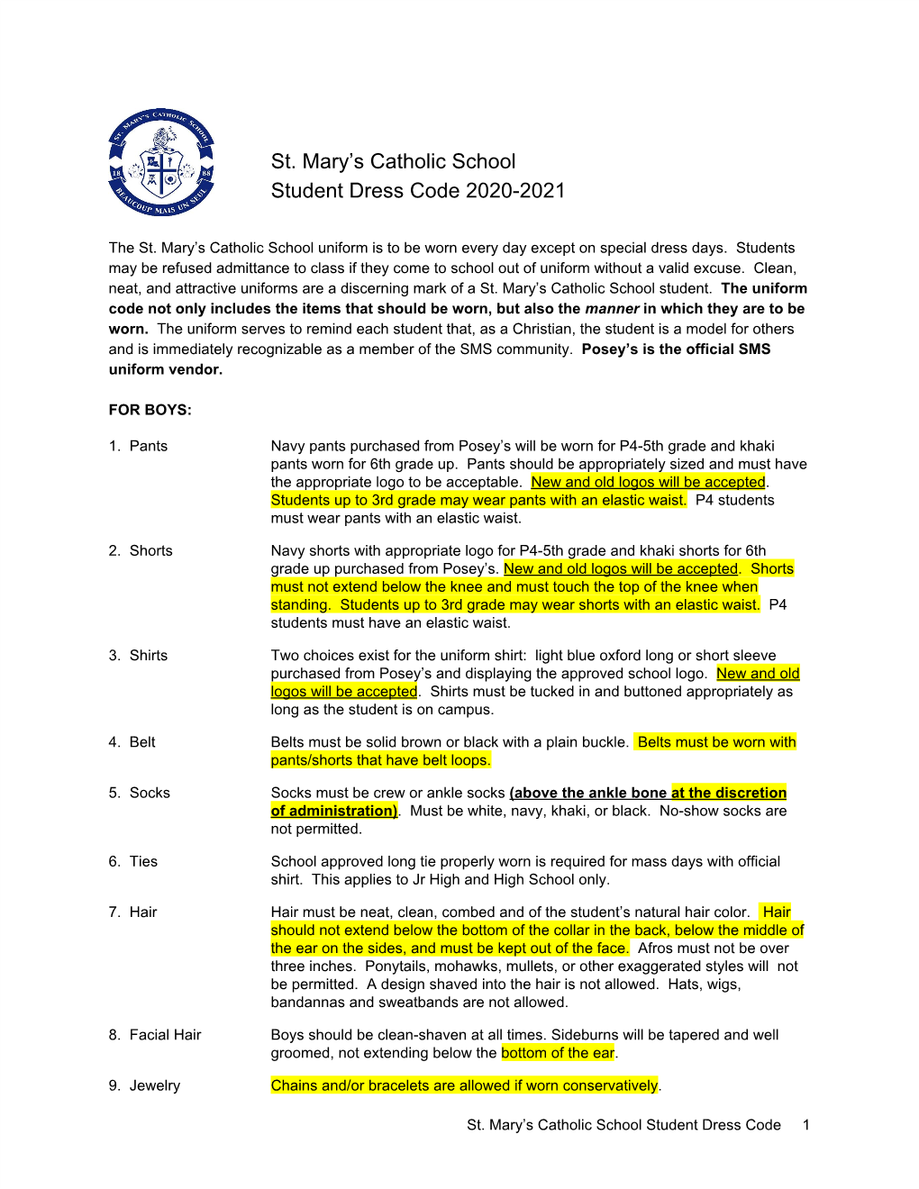 St. Mary's Catholic School Student Dress Code 2020-2021