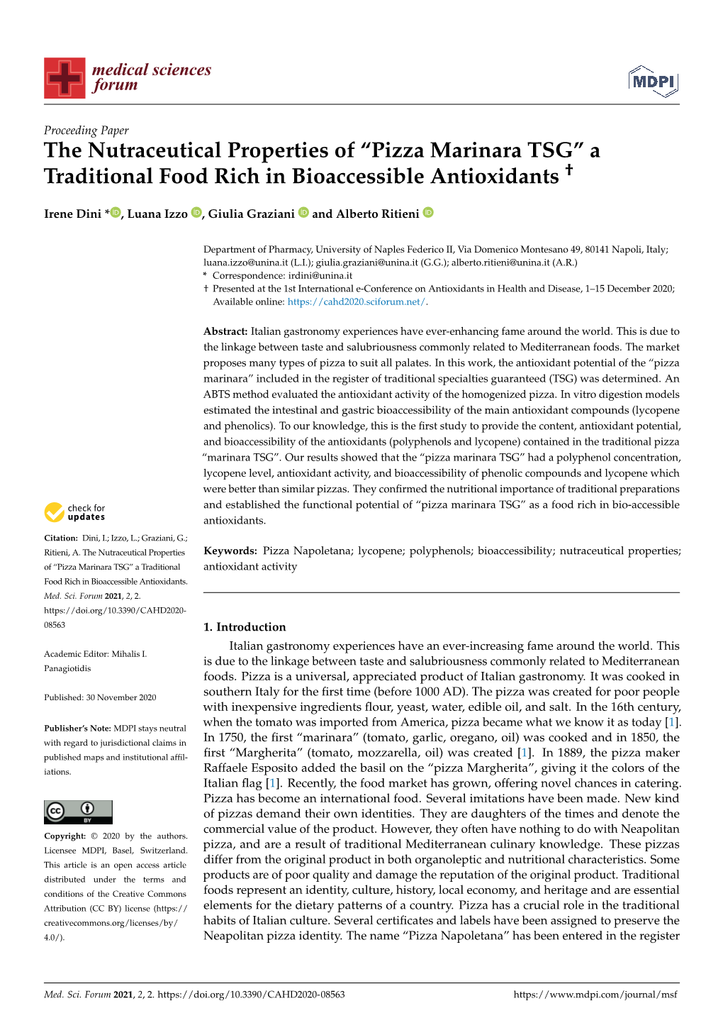 The Nutraceutical Properties of “Pizza Marinara TSG” a Traditional Food Rich in Bioaccessible Antioxidants "2279