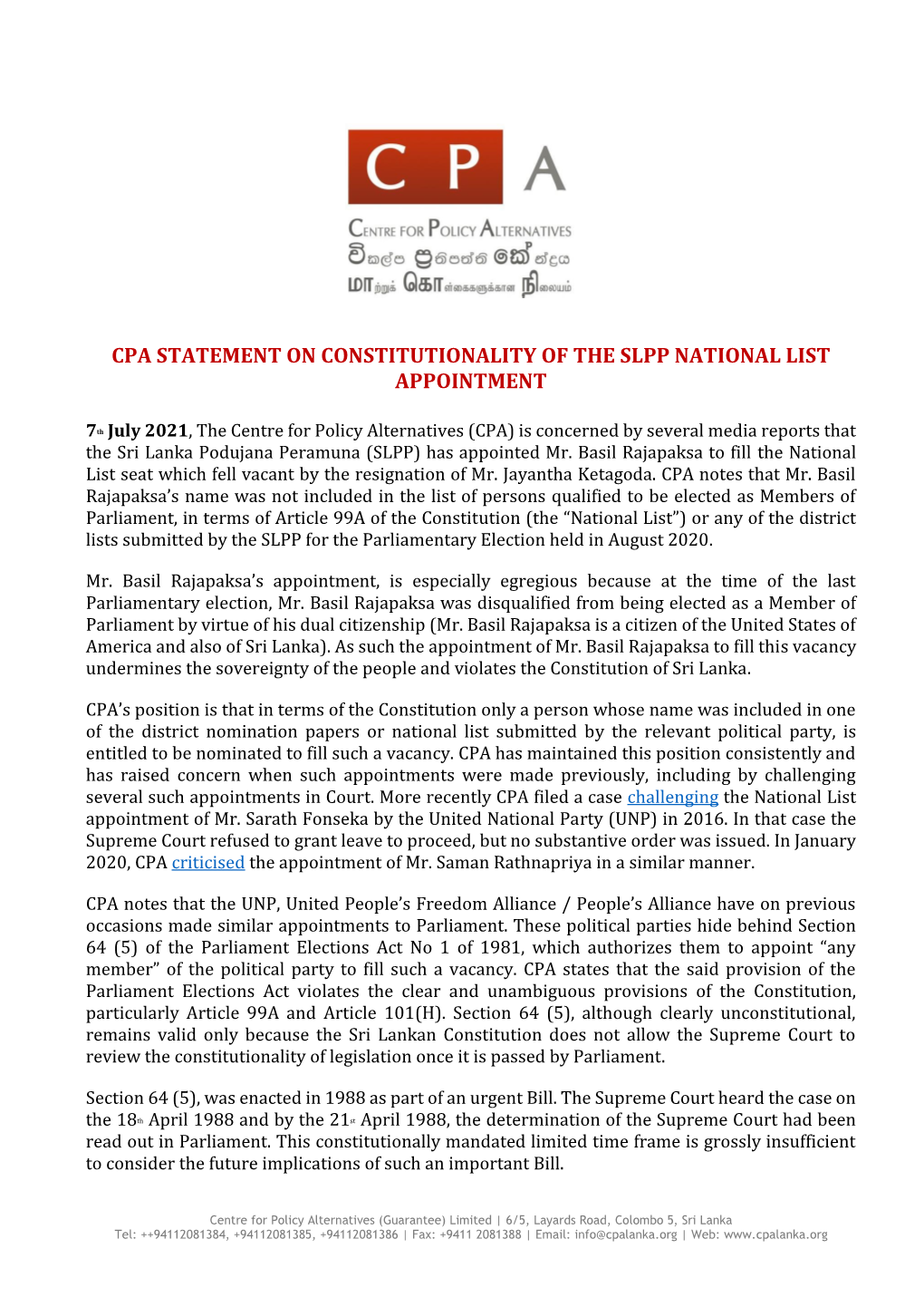 Cpa Statement on Constitutionality of the Slpp National List Appointment