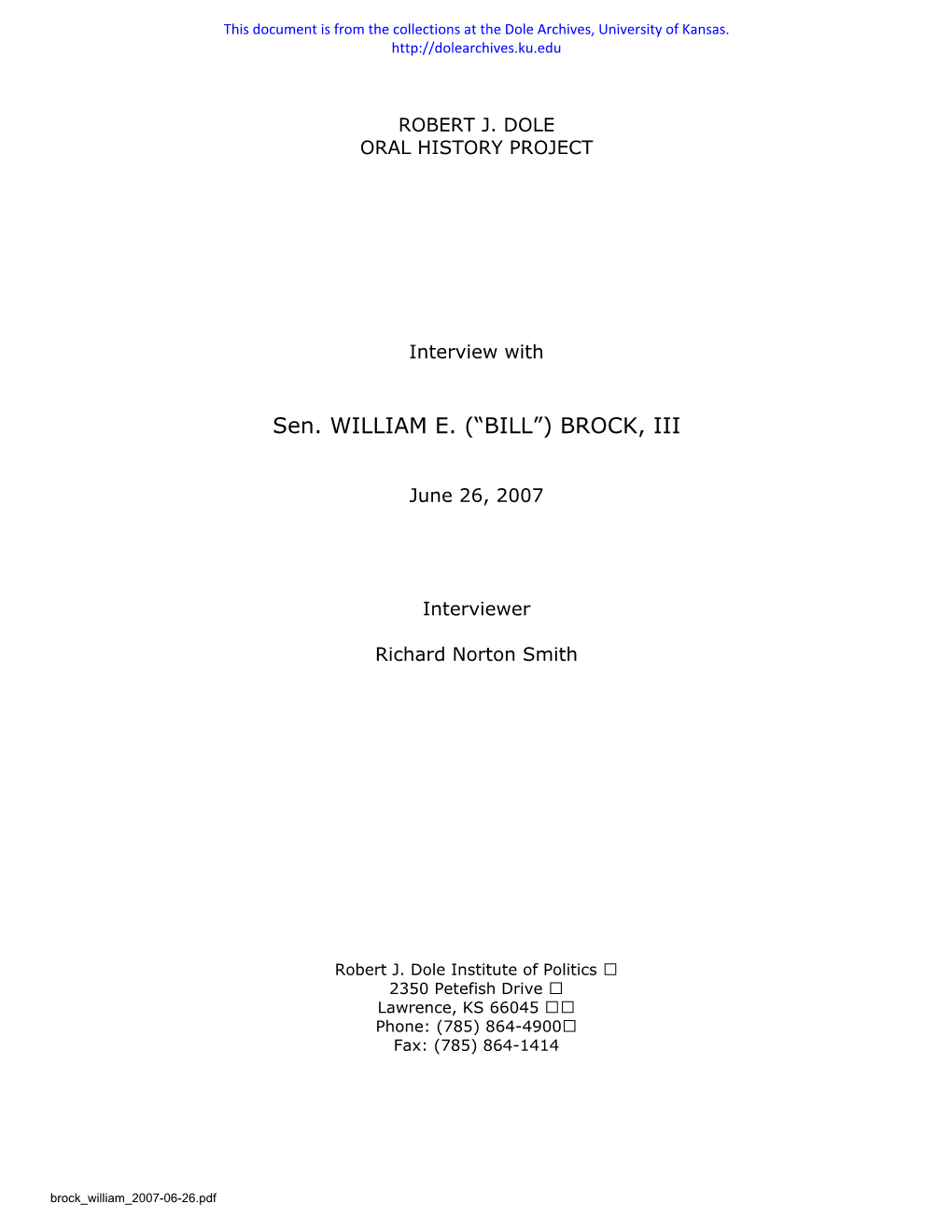 William Brock Oral History About Bob Dole