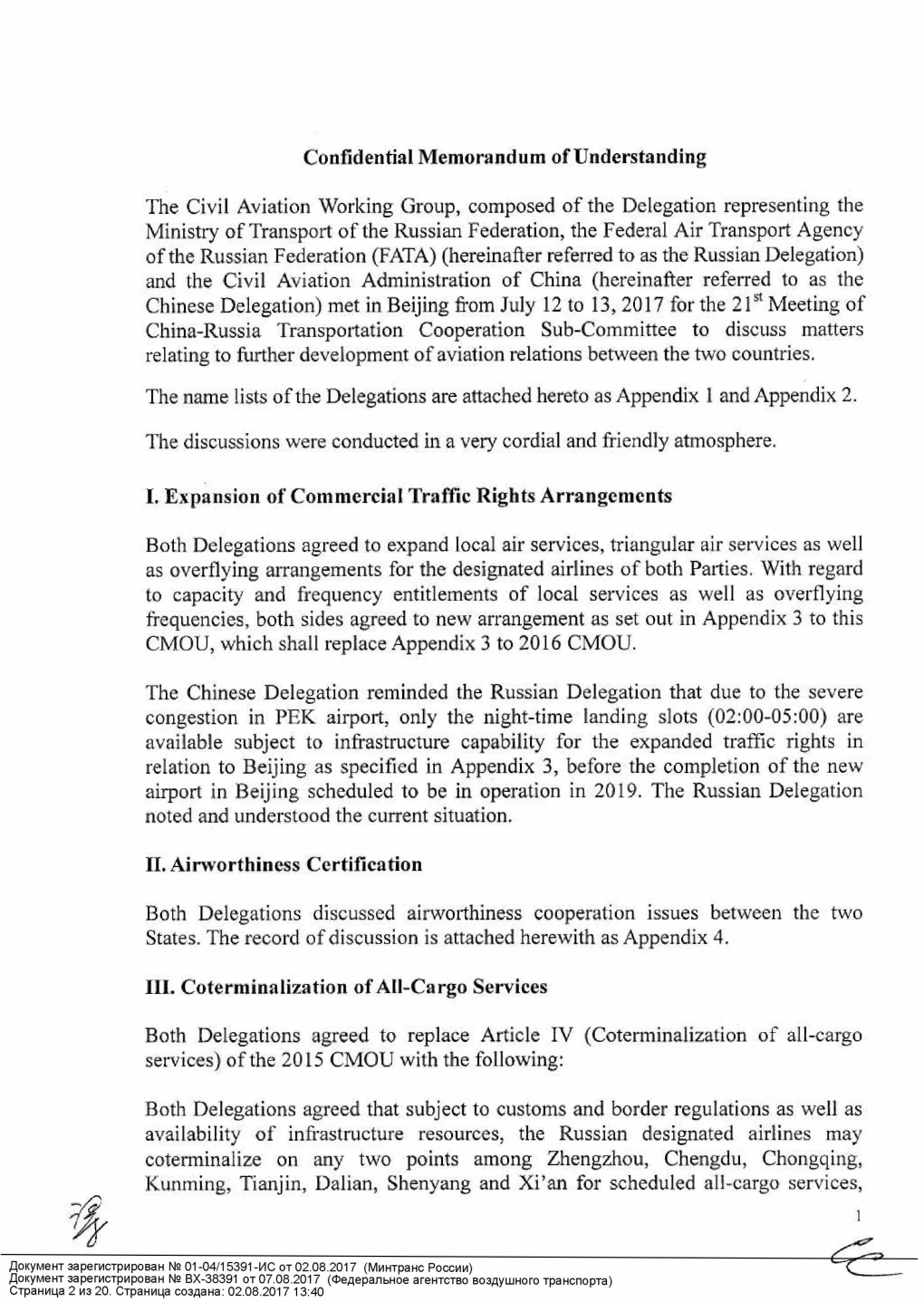 Confidential Memorandum of Understanding the Civil Aviation Working Group, Composed of the Delegation Representing the Ministry