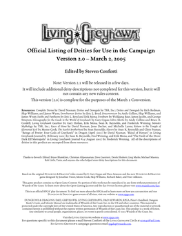 Official Listing of Deities for Use in the Campaign Version 2.0 – March 2, 2005