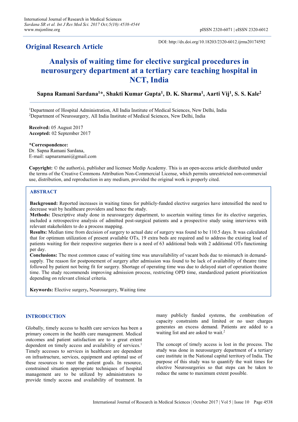 Analysis of Waiting Time for Elective Surgical Procedures in Neurosurgery Department at a Tertiary Care Teaching Hospital in NCT, India