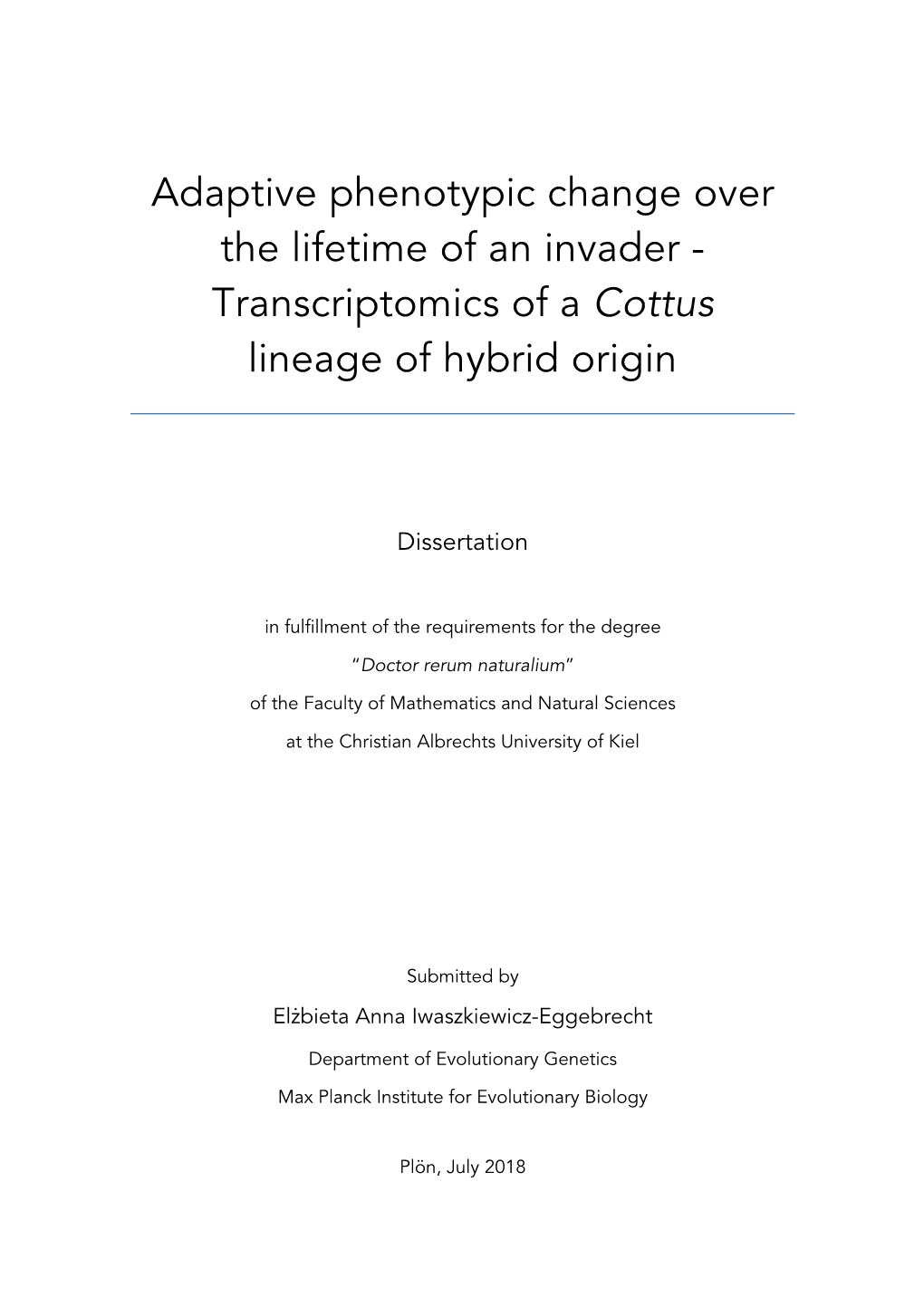 Transcriptomics of a Cottus Lineage of Hybrid Origin