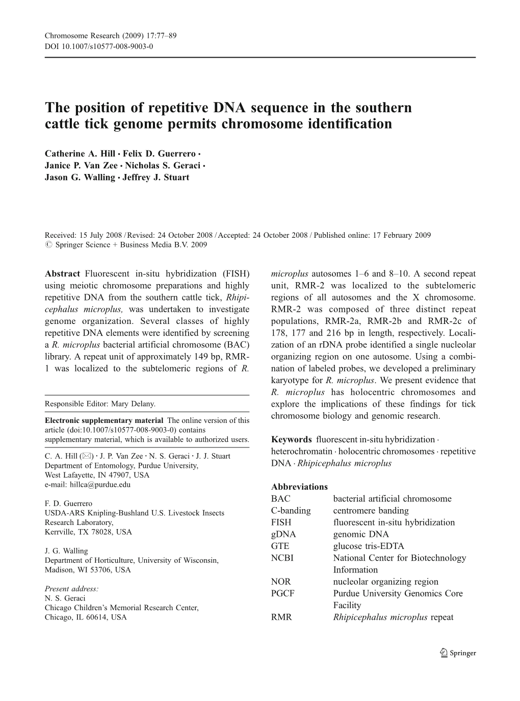 The Position of Repetitive DNA Sequence in the Southern Cattle Tick Genome Permits Chromosome Identification