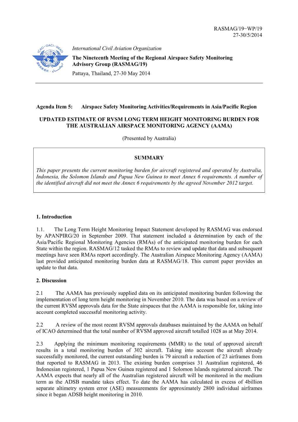 RASMAG/19−WP/19 27-30/5/2014 International Civil Aviation Organization the Nineteenth Meeting of the Regional Airspace Safety