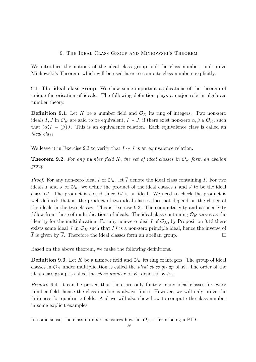 9. the Ideal Class Group and Minkowski's Theorem