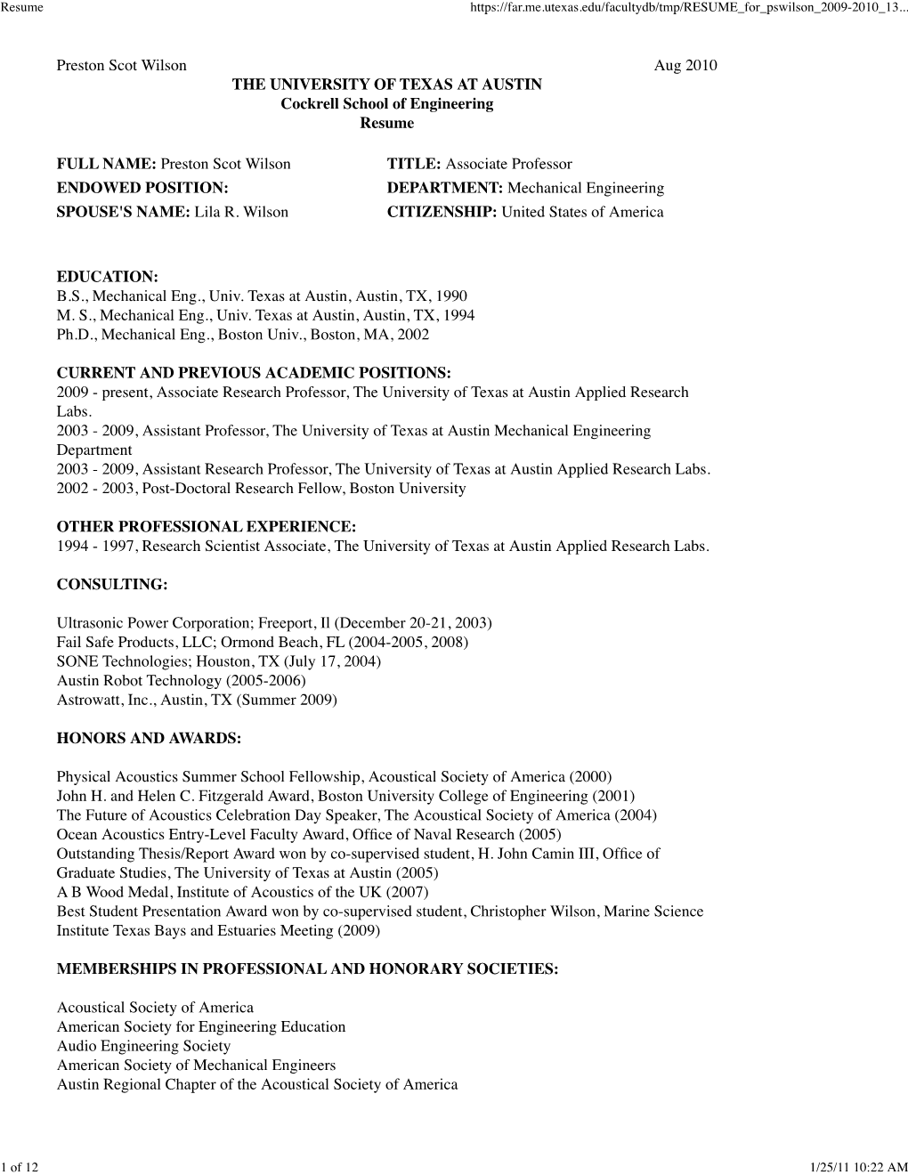 Preston Scot Wilson Aug 2010 the UNIVERSITY of TEXAS at AUSTIN Cockrell School of Engineering Resume