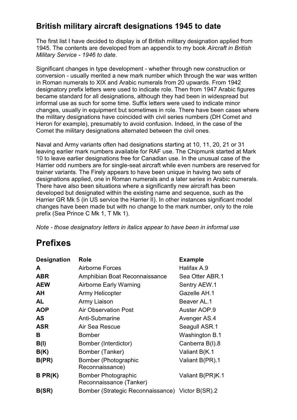 British Military Aircraft Designations 1945 to Date