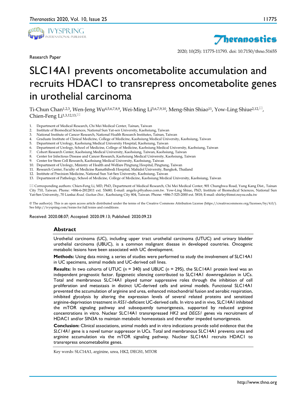 Theranostics SLC14A1 Prevents Oncometabolite Accumulation And