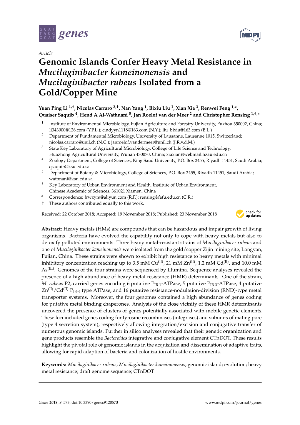 Genomic Islands Confer Heavy Metal Resistance in Mucilaginibacter Kameinonensis and Mucilaginibacter Rubeus Isolated from a Gold/Copper Mine