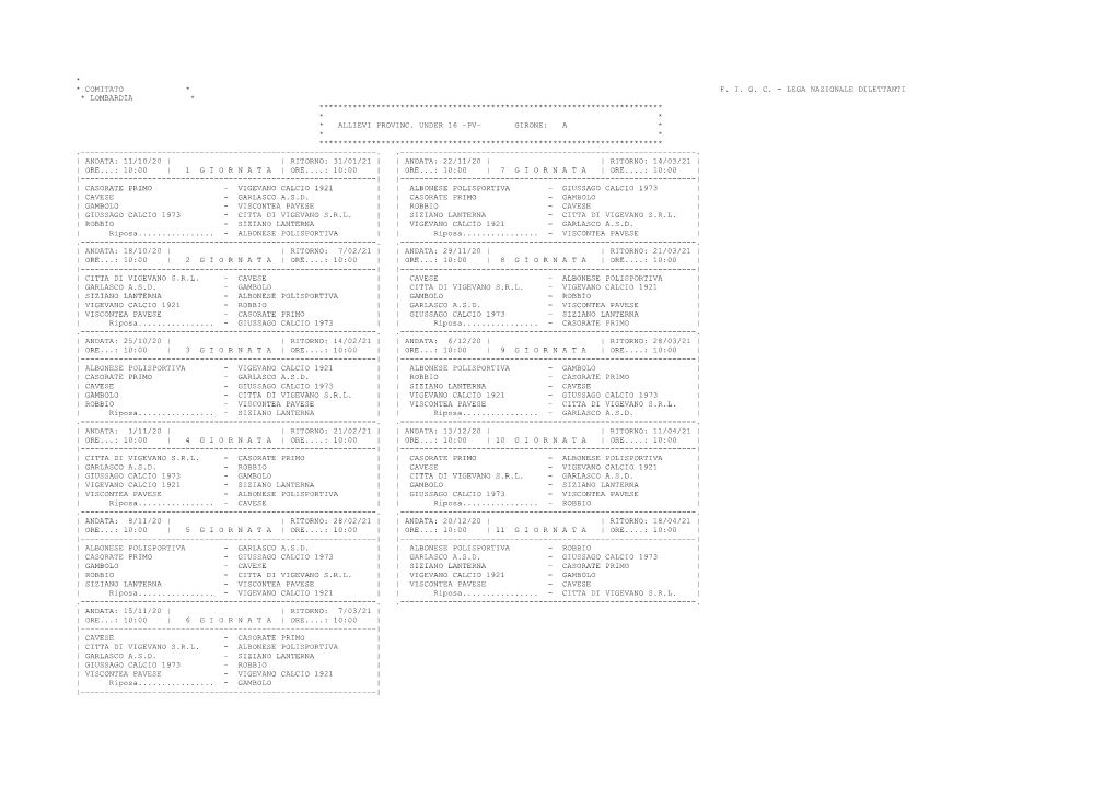 Comitato * F. I. G. C. - Lega Nazionale Dilettanti * Lombardia * ************************************************************************ * * * Allievi Provinc